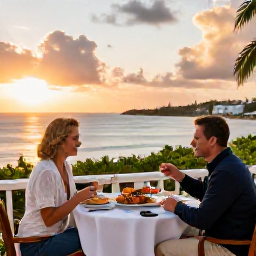 Caribbean Holidays, Bermuda August Escapes, Elegant Bermuda restaurant terrace at sunset with a couple enjoying fresh seafood and island views