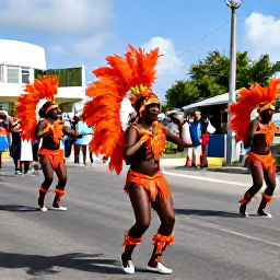 Caribbean Holidays, Bermuda August Festivals, Traditional Bermuda Gombey dancers performing in bright feathered costumes on a sunny town street, with spectators watching