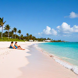 Caribbean Holidays, Bermuda August Holidays, A sunny Bermuda beach in August with turquoise water, pale pink sand, palm trees and a relaxed couple enjoying the shoreline