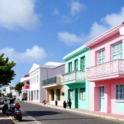 Caribbean Holidays, Bermuda August Holidays, Bermudian street with pastel houses, scooters and visitors exploring in warm summer sunshine