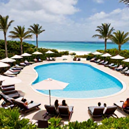 Caribbean Holidays, Bermuda August Holidays, Guests relaxing beside a stylish Bermuda resort pool with palm trees, sun loungers and a glimpse of the Atlantic Ocean