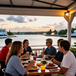 Caribbean Holidays, Bermuda August Holidays, Outdoor seaside restaurant in Bermuda serving fresh seafood at sunset, with relaxed diners and harbour views