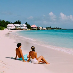 Caribbean Holidays, Bermuda August Honeymoons, A newlywed couple relaxing on a quiet pink-sand beach in Bermuda in warm August sunshine, turquoise water and pastel cottages in the distance