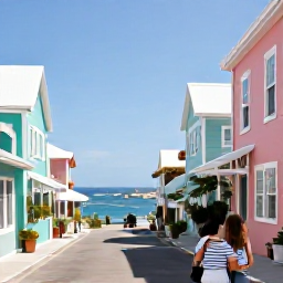 Caribbean Holidays, Bermuda August Honeymoons, Couple exploring colourful Hamilton streets in Bermuda, pastel buildings, local shops and harbour views on a sunny day