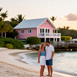 Caribbean Holidays, Bermuda August Honeymoons, Happy honeymoon couple beside a peaceful Bermuda shoreline, tropical vegetation, pastel cottage and warm evening light