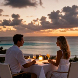 Caribbean Holidays, Bermuda August Honeymoons, Romantic Bermuda restaurant terrace overlooking the sea at sunset, elegantly set table and couple enjoying dinner