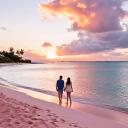 Caribbean Holidays, Bermuda August Honeymoons, Romantic sunset scene at Horseshoe Bay in Bermuda, couple walking along pink sand beside calm turquoise water