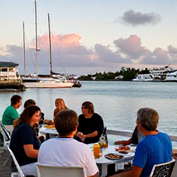 Caribbean Holidays, Bermuda August Tours, A relaxed evening harbour scene in Bermuda with outdoor tables, soft sunset light and visitors enjoying local food