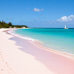 Caribbean Holidays, Bermuda August Tours, A sunny coastal view of Bermuda in August, showing pink-sand beach, turquoise water and a small sailing boat