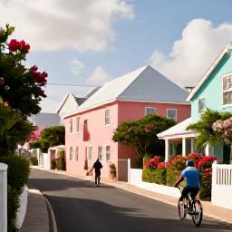 Caribbean Holidays, Bermuda Beach Holidays, A couple cycling on a quiet Bermuda lane past pastel houses and flowering gardens in warm spring sunshine