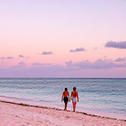Caribbean Holidays, Bermuda Beach Holidays, A couple walking along Bermuda&rsquo;s coastline at sunset, with pink sand, calm ocean and pastel-coloured sky