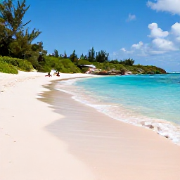 Caribbean Holidays, Bermuda Beach Holidays, A peaceful secluded cove in Bermuda with pale pink sand, shallow clear water, green coastal vegetation and a couple relaxing by the sea