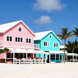 Caribbean Holidays, Bermuda Beach Holidays, A relaxed Bermuda seaside afternoon with pastel buildings, palm trees, a beach caf&eacute; and visitors enjoying June sunshine