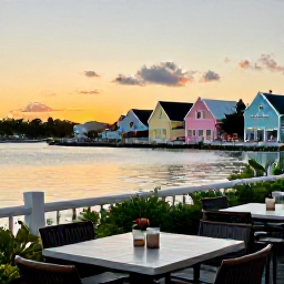 Caribbean Holidays, Bermuda Beach Holidays, A relaxed waterfront restaurant in Bermuda at sunset, outdoor tables, fresh seafood and pastel buildings beside a calm harbour