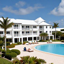 Caribbean Holidays, Bermuda Beach Holidays, A welcoming Bermuda hotel near a sandy beach, with tropical gardens, white buildings and guests relaxing beside a pool