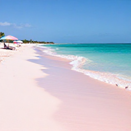 Caribbean Holidays, Bermuda Beach Holidays, A wide pink-sand beach in Bermuda with turquoise water, calm waves and pastel beach umbrellas under a clear blue sky