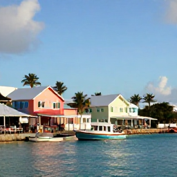 Caribbean Holidays, Bermuda Beach Holidays, Bermuda waterfront town with pastel buildings, colourful boats, palm trees and visitors enjoying a relaxed March afternoon