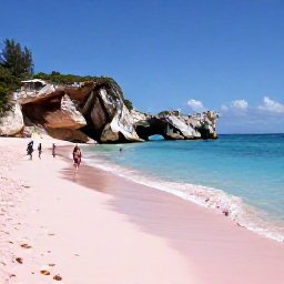 Caribbean Holidays, Bermuda Beach Holidays, Horseshoe Bay Beach in Bermuda with its distinctive pink sand, limestone cliffs, clear blue sea and visitors walking along the shore