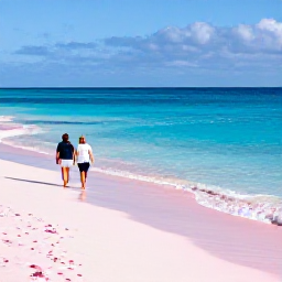 Caribbean Holidays, Bermuda Beach Holidays, Horseshoe Bay in Bermuda during November, pink sand, clear blue sea, gentle waves and a relaxed couple walking along the beach