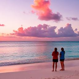 Caribbean Holidays, Bermuda Beach Holidays, Relaxed Bermuda beach at sunset with pink sand, calm turquoise sea and a couple watching the evening light