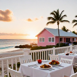 Caribbean Holidays, Bermuda Beach Holidays, Relaxed Bermuda beach restaurant terrace at sunset in July, fresh seafood, pastel buildings and palm trees overlooking the sea