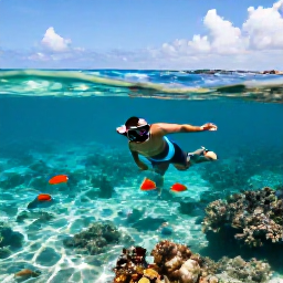 Caribbean Holidays, Bermuda Beach Holidays, Traveller snorkelling in clear Bermuda water above colourful fish and a shallow coral reef on a sunny day