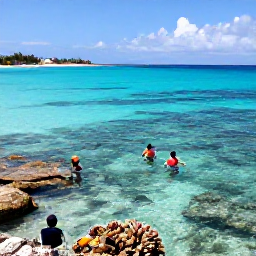 Caribbean Holidays, Bermuda Beach Holidays, Travellers snorkelling in clear shallow water beside a Bermuda beach, with colourful fish, coral and sunlit turquoise sea