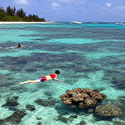 Caribbean Holidays, Bermuda Beach Holidays, Visitors snorkelling in clear Bermuda water above a colourful coral reef, sunny coastline and small boats in the distance