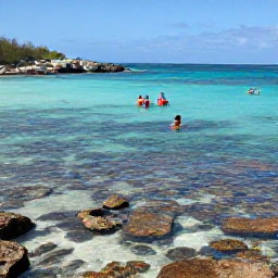 Caribbean Holidays, Bermuda Beach Holidays, Visitors snorkelling in clear Bermuda water near a coral reef, colourful fish, rocky coastline and November sunshine