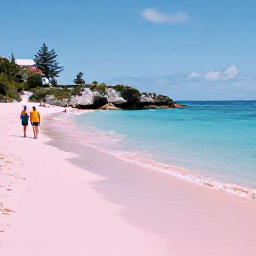 Caribbean Holidays, Bermuda Beach Holidays, Visitors walking along the soft pink sand at Horseshoe Bay in Bermuda, with rocky coves, clear blue water and spring sunshine