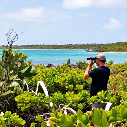 Caribbean Holidays, Bermuda Birdwatching, A birder exploring a quiet Bermuda nature reserve in August, with lush vegetation, blue water and a spotting scope