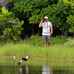 Caribbean Holidays, Bermuda Birdwatching, A birder walking through lush woodland at Spittal Pond Nature Reserve in Bermuda, with binoculars and wading birds on the water
