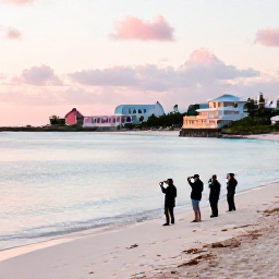 Caribbean Holidays, Bermuda Birdwatching, A calm pink-sand beach in Bermuda at golden hour, with a small group of birdwatchers and pastel buildings in the distance