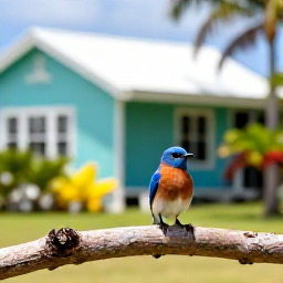 Caribbean Holidays, Bermuda Birdwatching, A close view of a Bermuda bluebird perched on a sunlit branch in a quiet garden, with pastel cottages and subtropical plants softly in the background