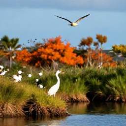 Caribbean Holidays, Bermuda Birdwatching, A close view of a Bermuda heron and migrating shorebirds beside a calm pond, with lush vegetation and a bright blue autumn sky