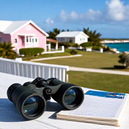 Caribbean Holidays, Bermuda Birdwatching, A comfortable Bermuda holiday scene in January, showing binoculars, a field guide and a coastal view with pastel houses and clear winter skies