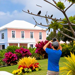 Caribbean Holidays, Bermuda Birdwatching, A friendly birdwatcher exploring a Bermuda garden in January, with colourful subtropical plants, pastel buildings and small birds in the branches