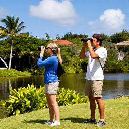 Caribbean Holidays, Bermuda Birdwatching, A friendly couple birdwatching beside a Bermuda pond in May, with binoculars, comfortable walking clothes, lush vegetation and a bright blue sky