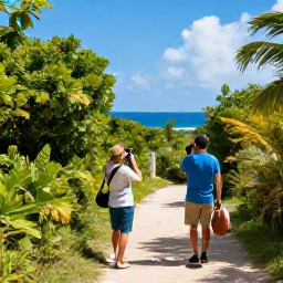 Caribbean Holidays, Bermuda Birdwatching, A friendly couple birdwatching from a quiet Bermuda nature trail, with tropical vegetation and ocean views