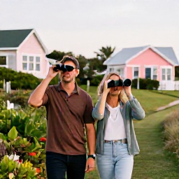 Caribbean Holidays, Bermuda Birdwatching, A friendly couple enjoying a calm January birdwatching morning in Bermuda, with binoculars, walking trail and pastel island houses nearby