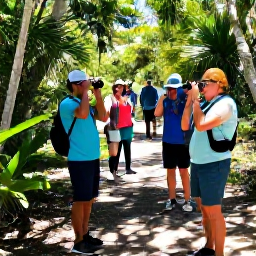 Caribbean Holidays, Bermuda Birdwatching, A friendly expert bird guide leading a small group along a sunny Bermuda woodland trail with binoculars