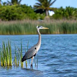 Caribbean Holidays, Bermuda Birdwatching, A great blue heron standing beside calm blue water in Bermuda, with reeds and lush island vegetation