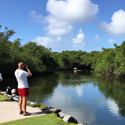 Caribbean Holidays, Bermuda Birdwatching, A peaceful Bermuda nature reserve with a freshwater pond, mangroves and birdwatchers using binoculars