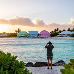Caribbean Holidays, Bermuda Birdwatching, A peaceful Bermuda shoreline at sunrise with a birder using binoculars, pastel houses and turquoise water in the background