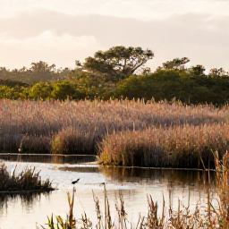 Caribbean Holidays, Bermuda Birdwatching, A peaceful Bermuda wetland in winter, with reeds, shallow water, native trees and several wading birds in soft morning light