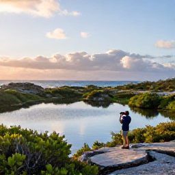 Caribbean Holidays, Bermuda Birdwatching, A peaceful May morning at Spittal Pond Nature Reserve in Bermuda, with a birder using binoculars beside freshwater ponds, coastal scrub and limestone rocks