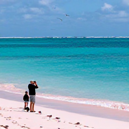 Caribbean Holidays, Bermuda Birdwatching, A peaceful spring shoreline in Bermuda with birdwatchers using binoculars beside turquoise water and pale pink sand