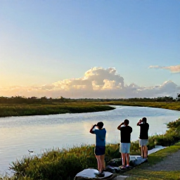Caribbean Holidays, Bermuda Birdwatching, A peaceful sunrise view across Bermuda's coastal wetlands with birdwatchers using binoculars beside the water