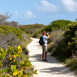 Caribbean Holidays, Bermuda Birdwatching, A quiet Bermuda nature reserve in January, with winter sunlight, coastal vegetation and a birdwatcher using binoculars along a peaceful trail