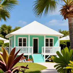 Caribbean Holidays, Bermuda Birdwatching, A relaxed couple birdwatching from a shaded garden near a pastel Bermuda cottage, with tropical plants and blue sky